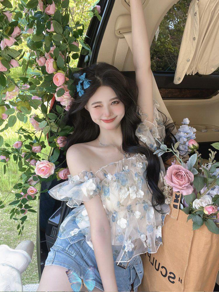 Women's Off-Shoulder Floral Puff Sleeve Summer Top