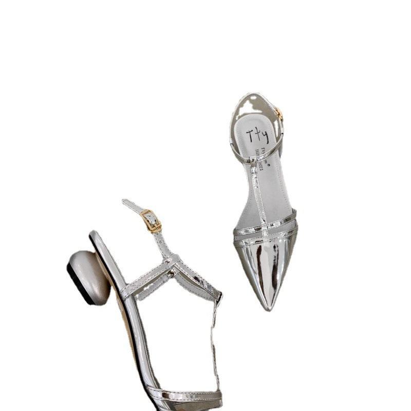 2025 pointed women's sandals special-shaped heel one-word buckle bag head Mary Jane shoes Korean version of summer new fashion