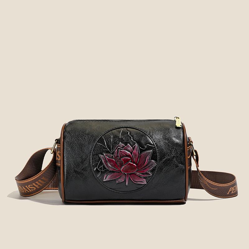 2025 Национальный стиль Женская сумка Бостон на плечо и через плечо чёрный