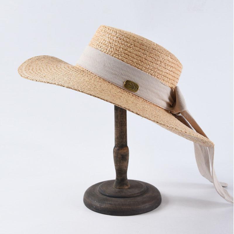 Neue Modebreiter Hut Sommer Strand Weizenstroh Damen Boater Hut mit Band Schleife für Urlaub Derby Audrey Hepburn