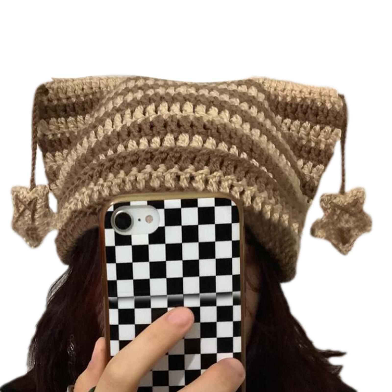 

High Elastic Windproof Winter Hat Knitted Stripe Pattern Hat for Women Men Keep Ear Warm Hat with Dangle Star Decors 4