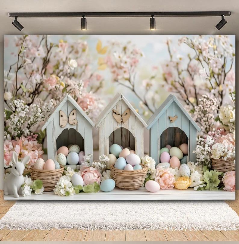 Spring Easter Cottage Colorful Egg Rabbit Photography Background Flower and Tree House Children's Birthday Decoration Backdrop