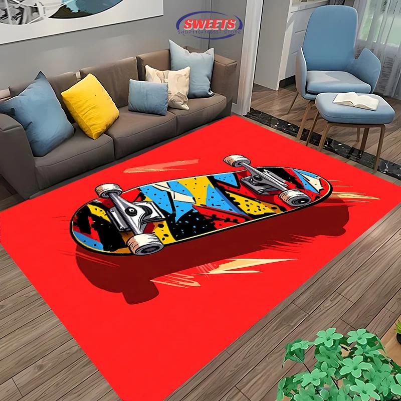 1 Stück Junge Mode Skateboard Print Bereichsteppich, Teppich für Zuhause Wohnzimmer Kinderzimmer Sofa Dekor, Kinder Spiel Rutschfeste Bodenmatte