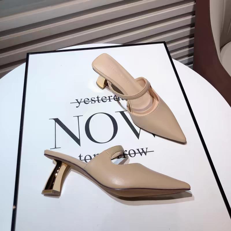 Women's Slippers and Ladies Sandals Leather Sexy Slides Black Shoes Pointed Toe Mules Vip Eva Korea Style Chic Elegant on Sale