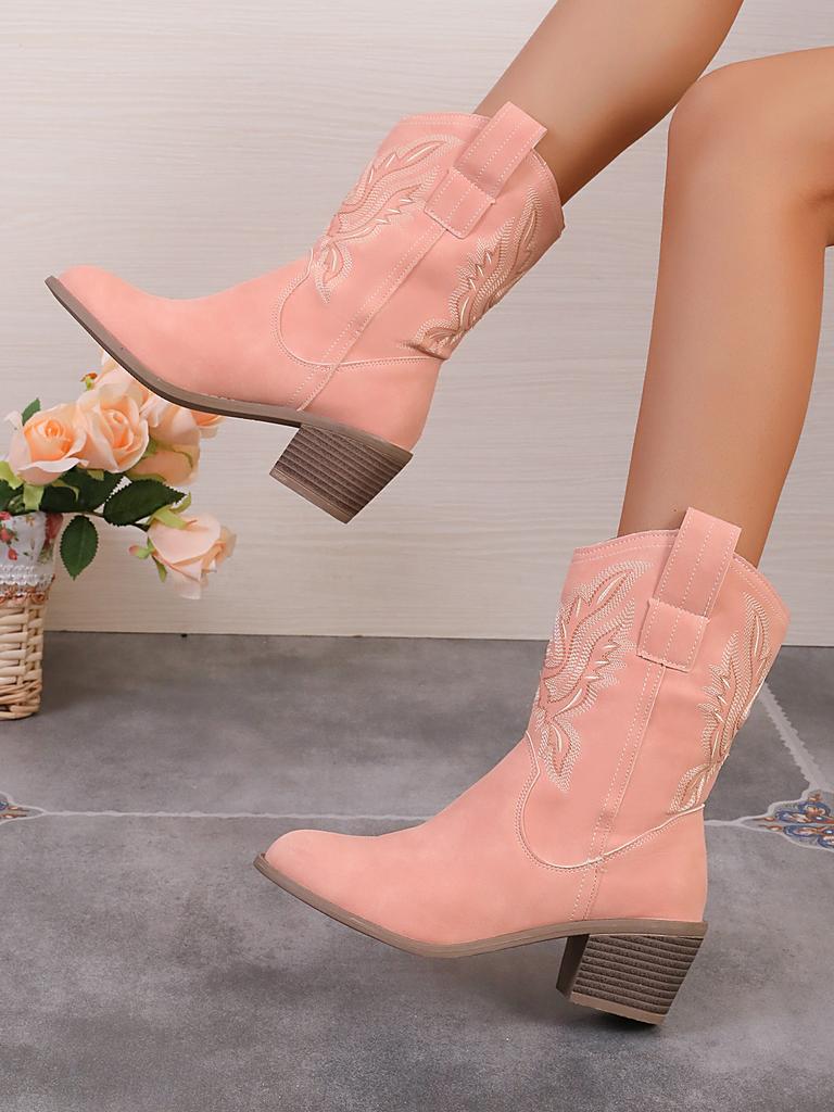 Foreign Trade 2025 New Western Cowboy Boots Knight Boots Women's Medium Tube Embroidery Retro Pointed Thick Heel Medium Tube