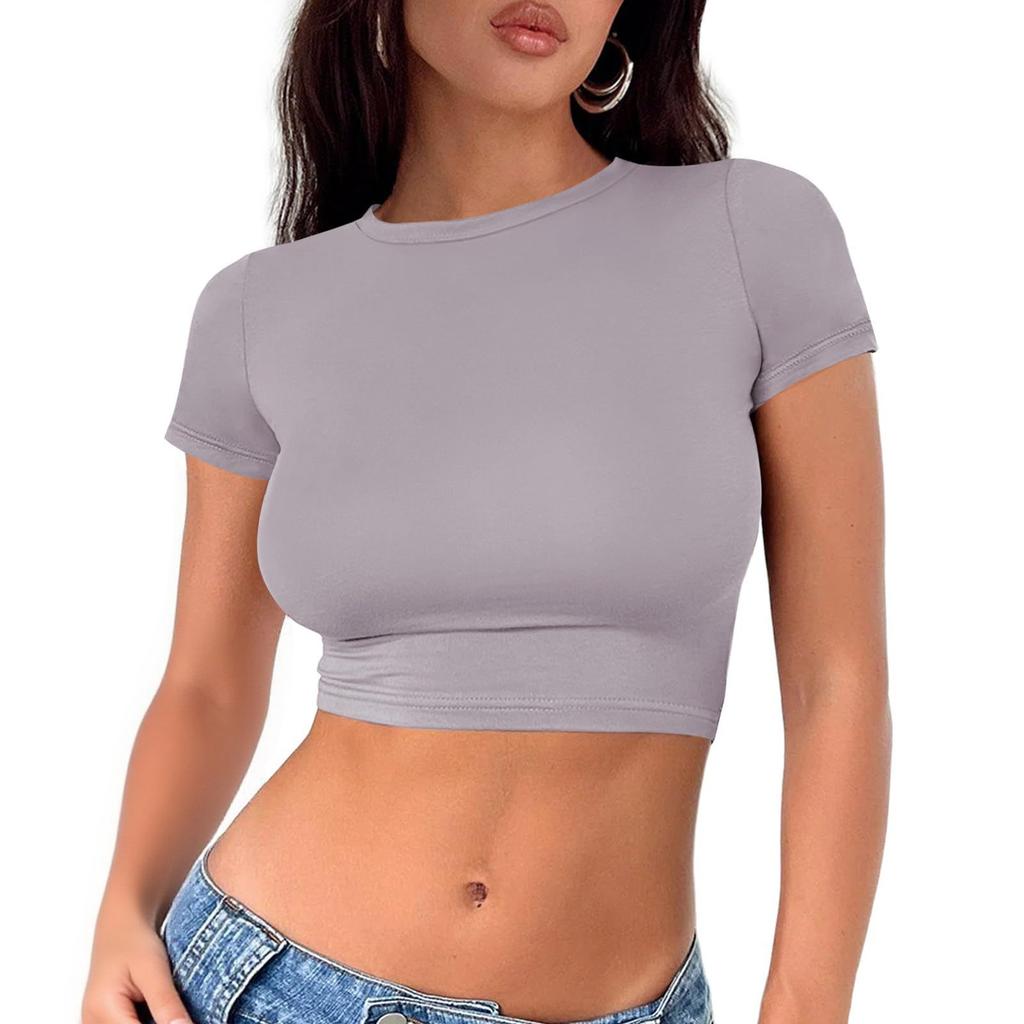 Damenmode Rundhals Halskette T-Shirt Slim Einfarbig Kurzarm Top