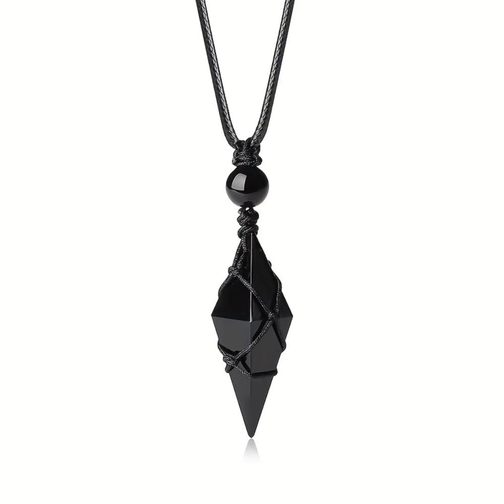 Creative Bohemian Black Stone Necklace Adjustable Rope Handmade Stone Pendant Vintage Geometric Stone Necklace Father's Day Gift
