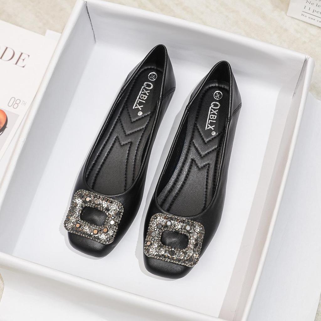 2026 Spring Women's Black Rhinestone Square Toe Loafers - Comfortable for Long Standing in Professional Office Settings