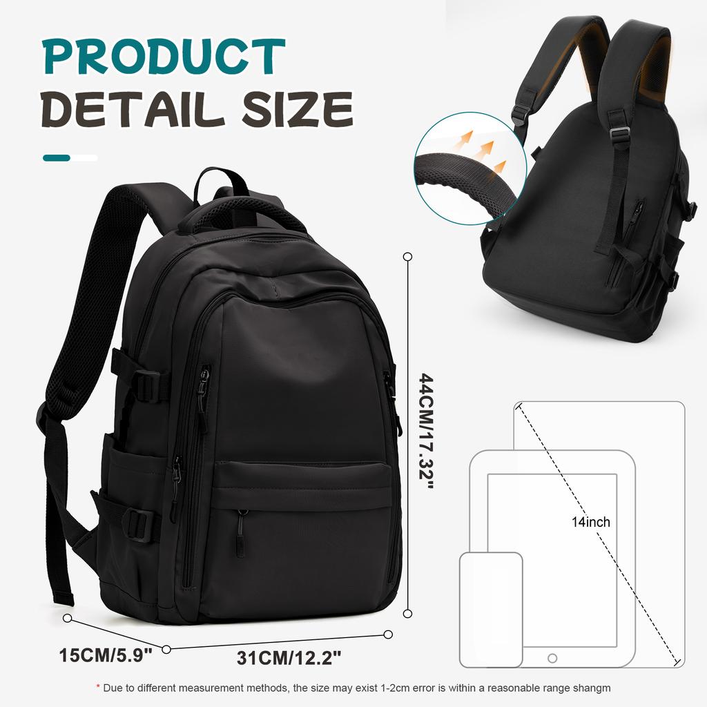 Simple School Backpack for Girls Boys Black College Student Bookbag Laptop Bag for High School