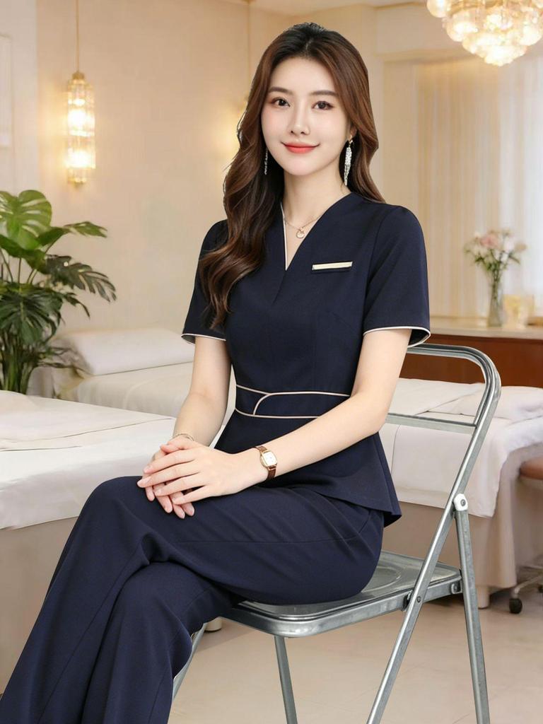 V-Neck Women's Professional Salon and Hotel Dress - Autumn Fashion Overalls Skirt