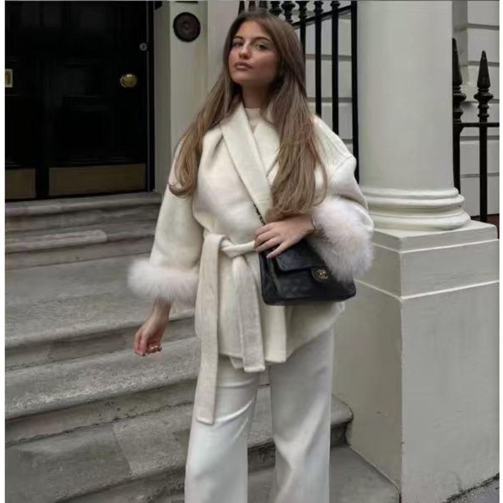 Fashion Lapel V-neck Woolen Coat Women Chic Lace Up Single Breasted Pocket Loose Jacket Lady Daily High Street Outwears