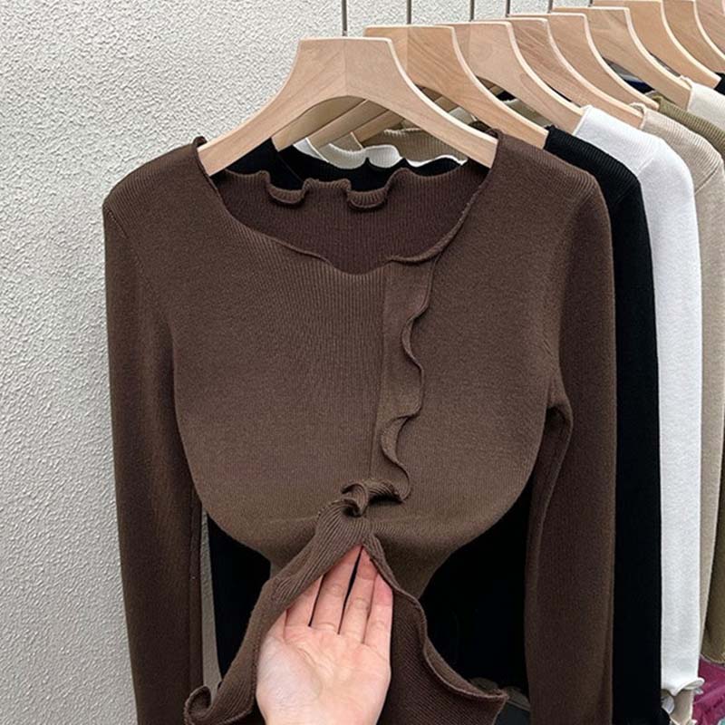 Sweater for Women Autumn Winter Thickened Warm Knitted Stretchy Long Sleeve Solid Color Round-neck Tops