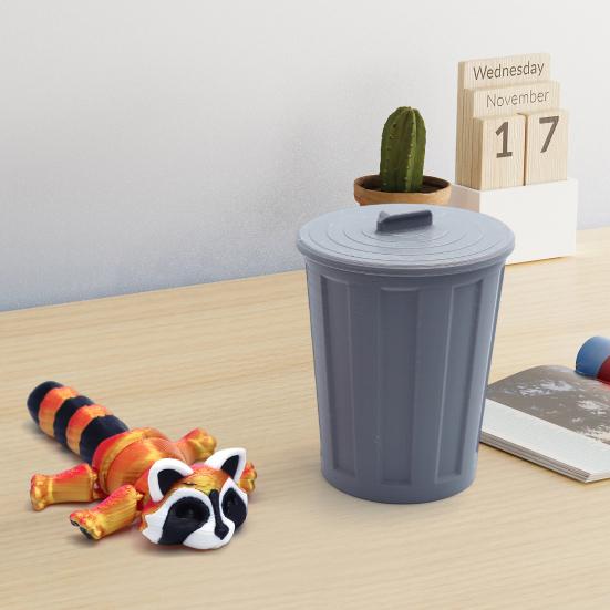 3D Printed Raccoon Figurine Movable Joints Raccoon Fidget Toy Trash Can with Articulated Raccoon Inside Desktop Decoration Ornament