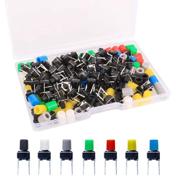 84Pcs 6×6×8mm Momentary Tactile Tact Push Button Switch with Button Caps of 7 Color,Each Color 12pcs(Black,Red,Blue,Yellow,White, Green,Gray) for