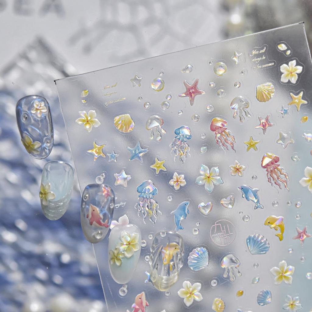 1pcs Ocean Marine Life Jellyfish Dolphin Shell Starfish Frangipani Ocean 5D Nail Art Stickers Embossed Nail Decals