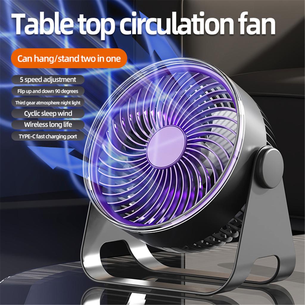 Desk Fan Desktop Fan Portable USB-Charged Wall-Mounted Fan Quiet Turbo Desk Fan 5-Speed Airflow Settings 3 Ambient Light Modes 90° Adjustable