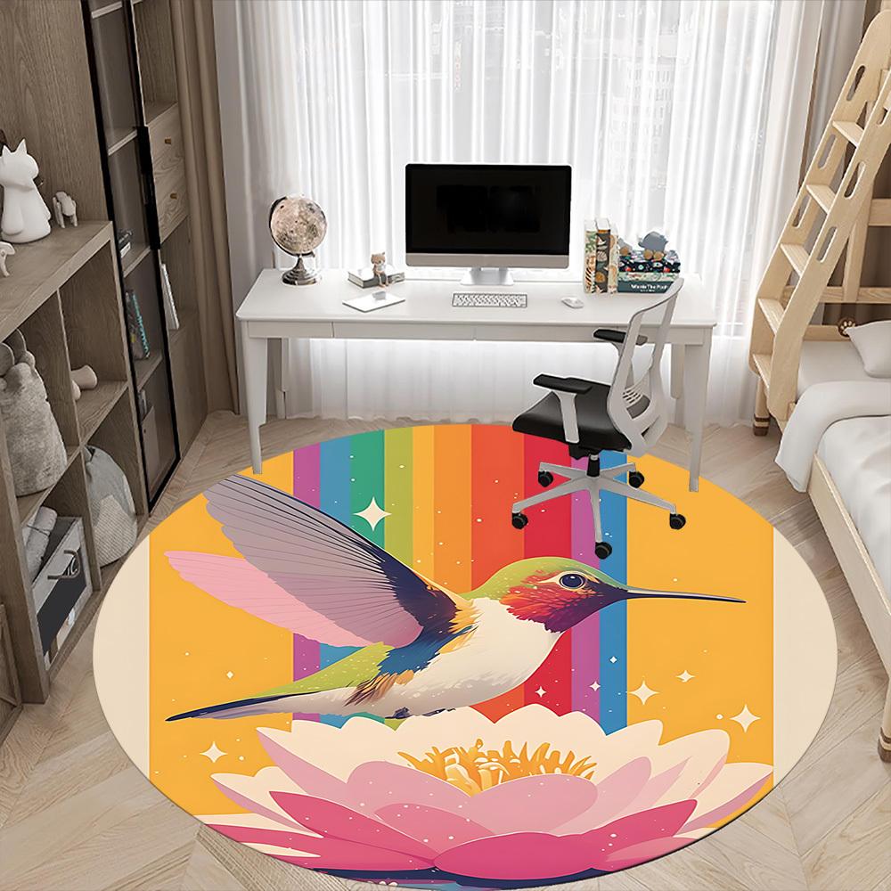 1PC Hummingbird Lotus Office Round Area Rug,  Mat Suitable ForOffice, Under Office Chairs Bedroom Living Room Home Decor, Room Deco