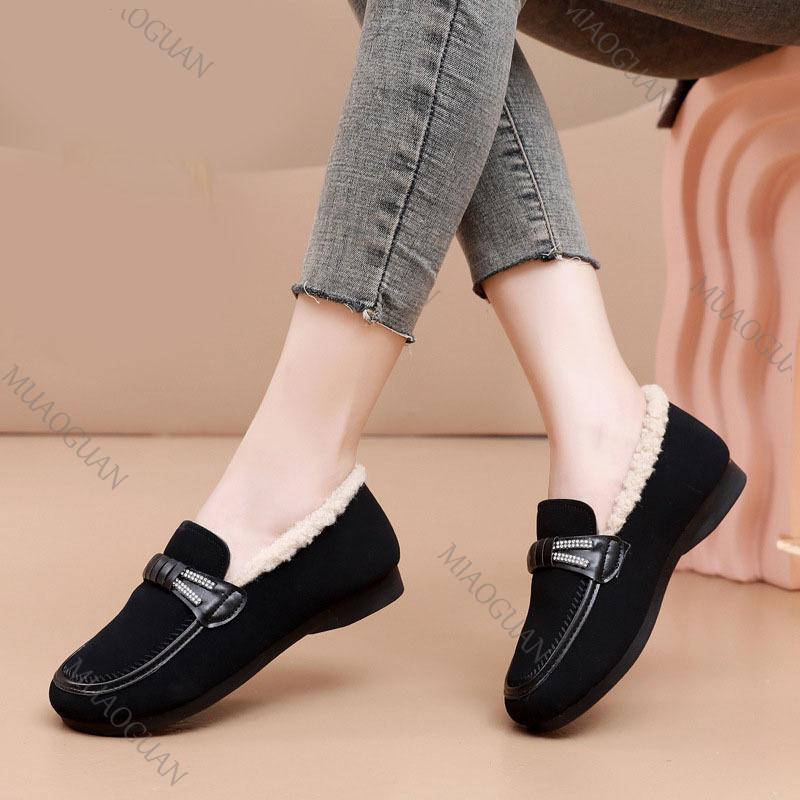Fashion 2025 Winter New Women's Casual Warm Flats Mom Shoes Flat Bottom Slip on Comfortable Versatile Daily Suede Solid Cotton Shoes