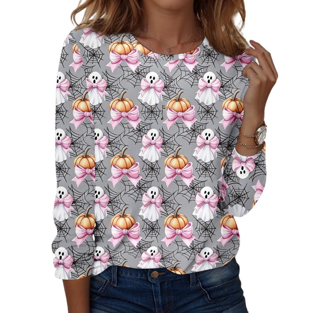 Women's Casual Long Sleeve Pullover Sweatshirt Halloween Pumpkin Print Round Neck Top Lightweight Comfortable Fit
