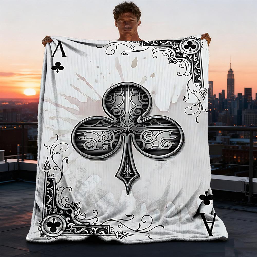 1pc Ace of Clubs Playing Card Outdoor Flannel Blanket, Cozy & Warm Soft Te Playful Design, Napping Camping,