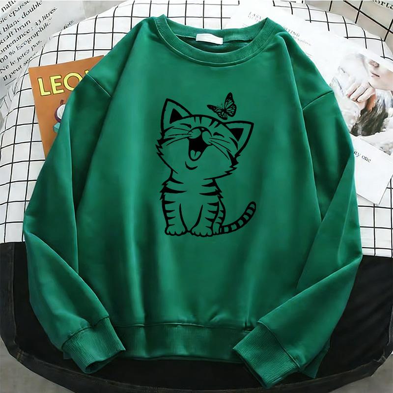 Hanorac Drăguț cu Pisică și Imprimeu cu Fluture Retro Pisică pentru Femei Hanorac Călduros din Fleece Pulover cu Gât Rotund Moale Haine Casual Femeie