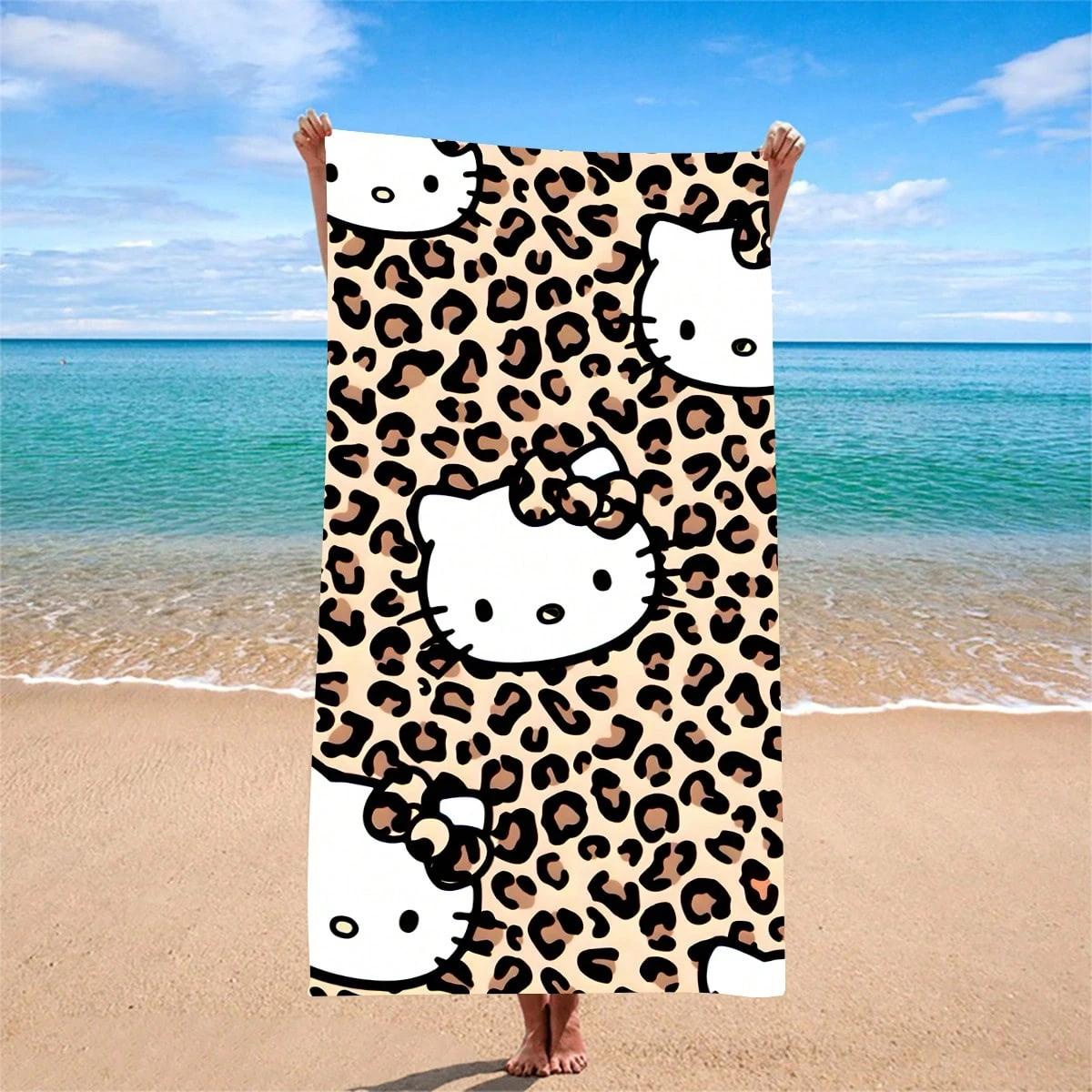 

1pc Sanrio Hello Kitty Leopard Print Beach Towel Polyester 2D Flat Quick Dry Soft Lightweight Gift for Swimming Camping Surfi W30*H60(CM)