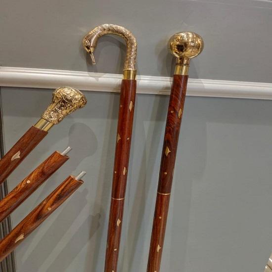 Canne à Marche Manche en Laiton Fait Main Manche en Bois Style Vintage Bâton pour Hommes Ensemble Cadeau de 3