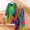 Geometric Pattern Print Two Piece Outfit Women Long Sleeve Irregular Hem Tunic Top Wide Leg Pants Casual Matching Set