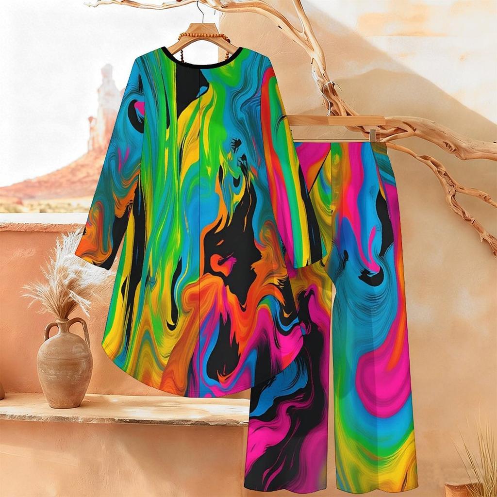 Geometric Pattern Print Two Piece Outfit Women Long Sleeve Irregular Hem Tunic Top Wide Leg Pants Casual Matching Set