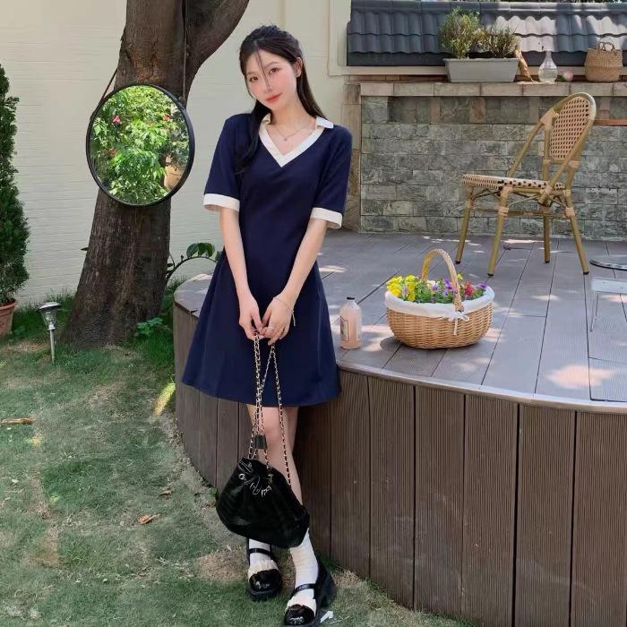 Large Size Contrasting Color Polo Dress Women's Summer 2026 New Fat Mm Belly Cover and Thin Skirt Casual T-shirt Long Dress
