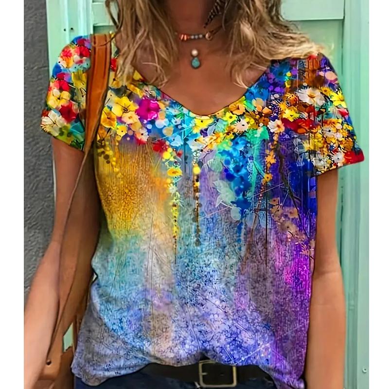 Fashion Flower Painting Blouses Short Sleeved V-Neck T Shirts Casual