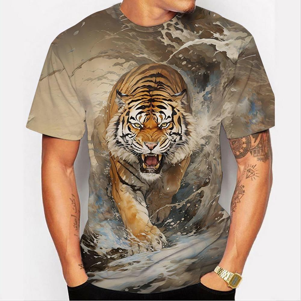 Summer 3D Lion Print Short Sleeved Men's Retro T-shirt Casual Tiger Print Quick Breathable T-shirt Top
