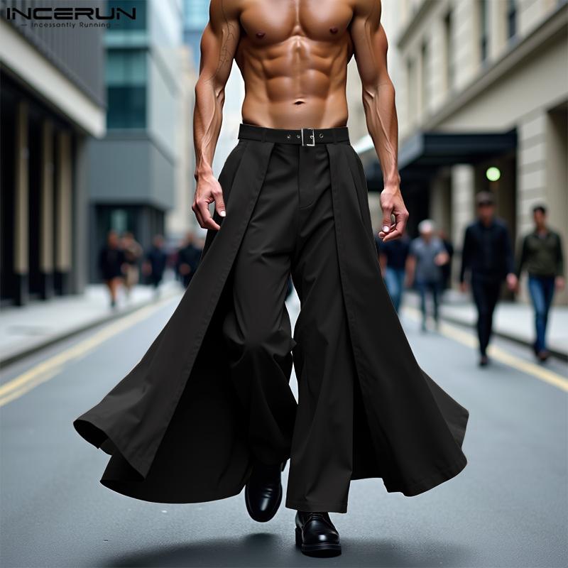 INCERUN Men Zip-up High Waist Double Layers Casual Long Wide Legs Pants Trousers