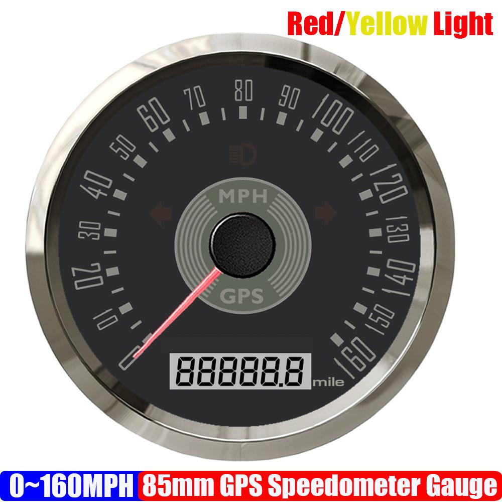 

ZMFJH Retro 160KMH,200KMH,160MPH 85mm GPS Speedometer Gauge with Antenna High Beam Turn Light Yellow Red LED Odometer Car Boat 160MPH BS