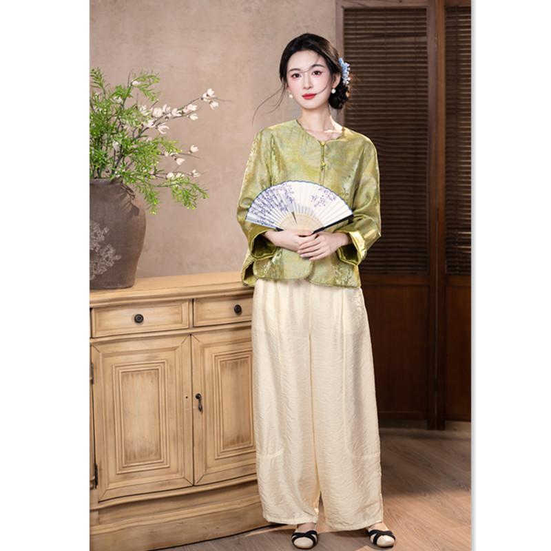 National Style New Chinese Satin Printed Cheongsam Top 1011 Early Autumn New Fashion Young Low Neck Loose Cardigan