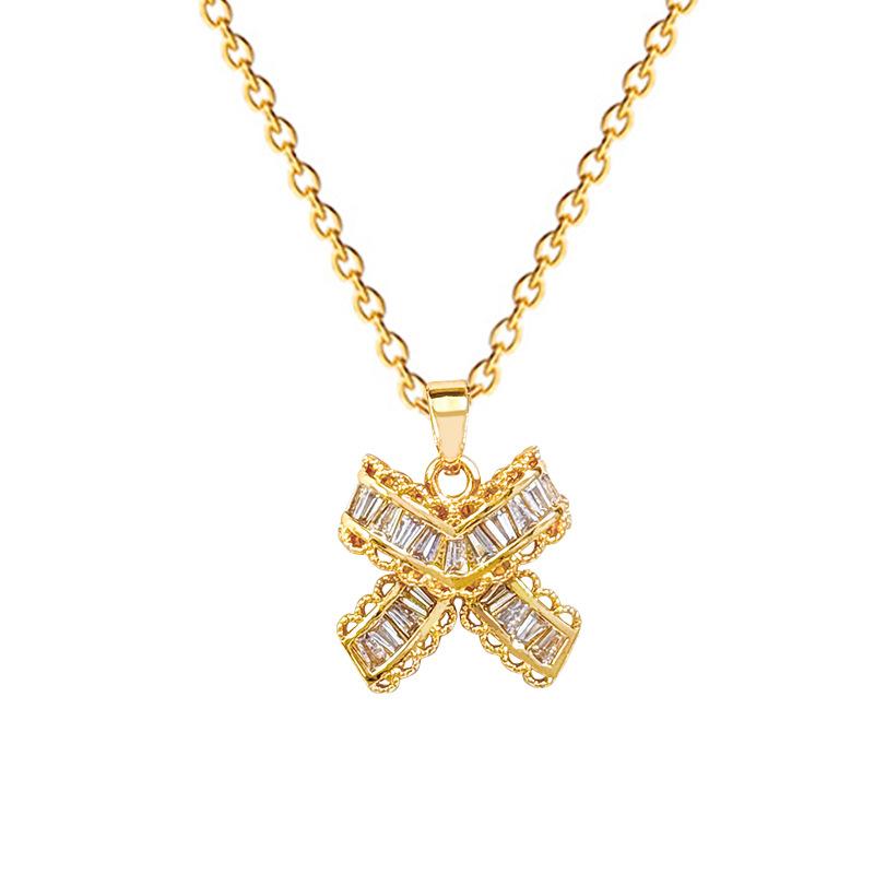 Butterfly T-Shaped Zircon Full Diamond Fashionable Light Luxury Temperament Gorgeous Full Diamond Necklace Female Versatile Collarbone Chain