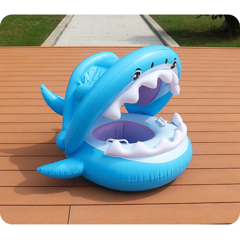 Inflatable Shark Seat Ring Kids Sunshade Shark Yacht Baby Toddler Swimming Handle Seat Ring