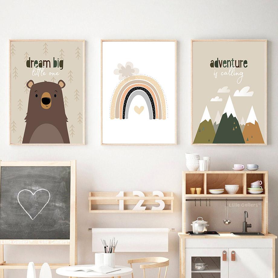 Boho Bear Sloth Mountain Sun Rainbow Nursery Posters Cartoon Wall Art Print Canvas Painting Baby Kids Room Home Decor Pictures