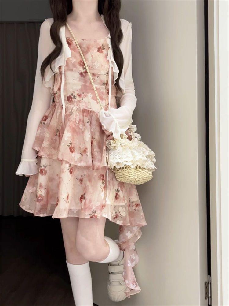 Atmosphere Floral Spaghetti Strap Dress & Cardigan Set - Sweet Spring/Summer Waist-Hugging Skirt