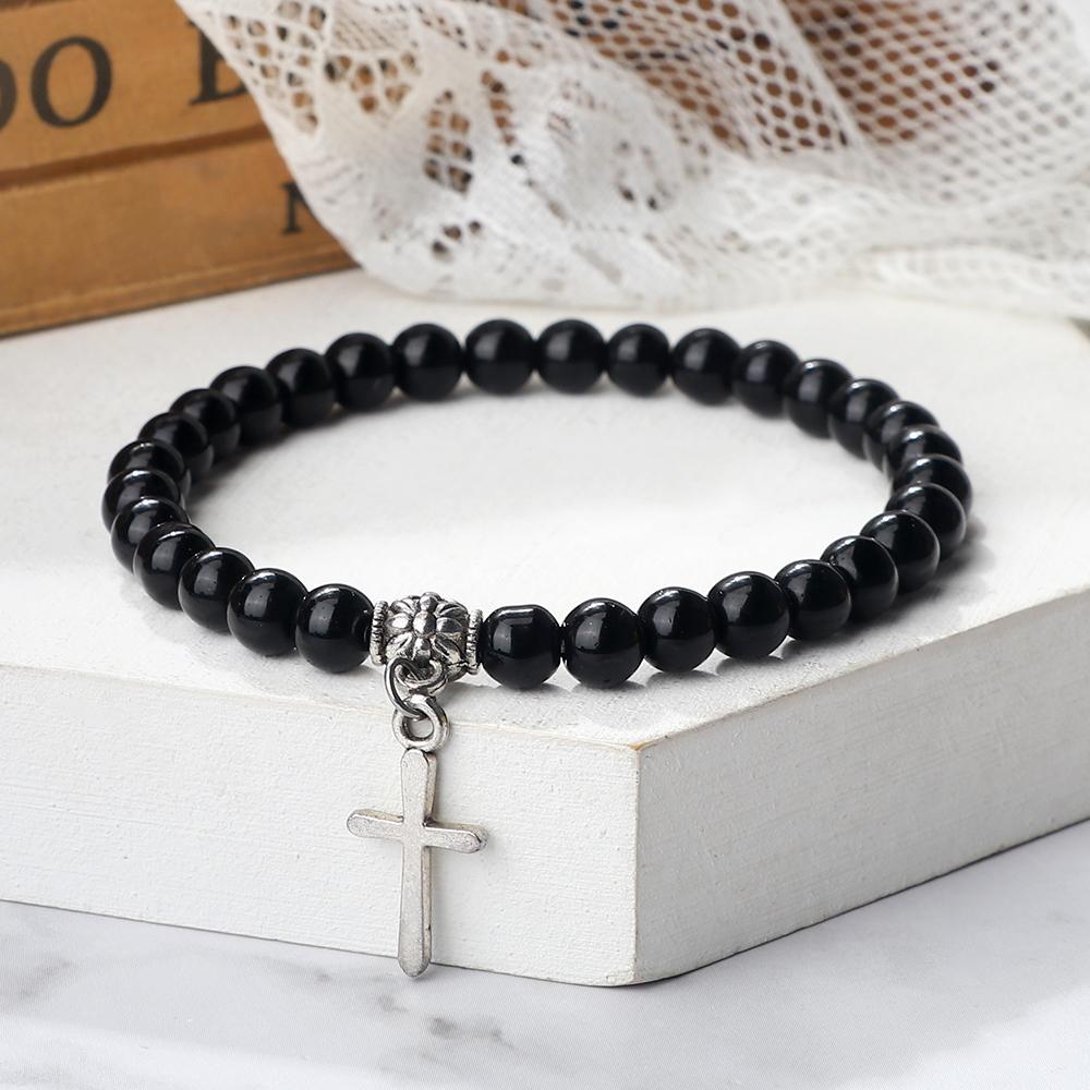 A cross bracelet for men and women, natural stone matte black yoga chain, vintage bohemian jewelry gift