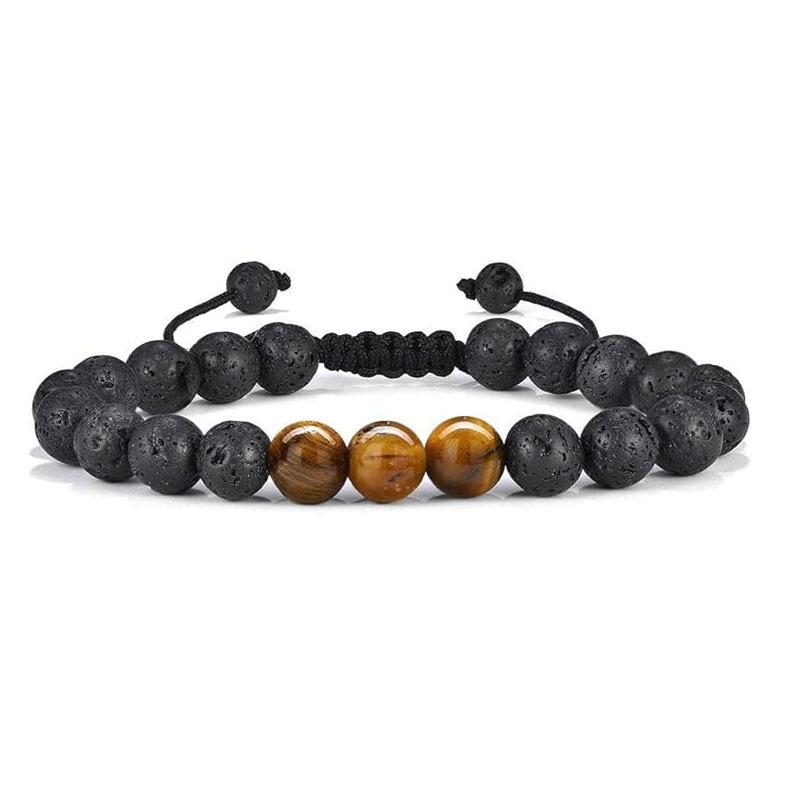 Pulseira Tecida Masculina Olho de Tigre e Pedra Vulcânica - Presente de Joia Feito à Mão, Contas de Ágata Negra de 8mm