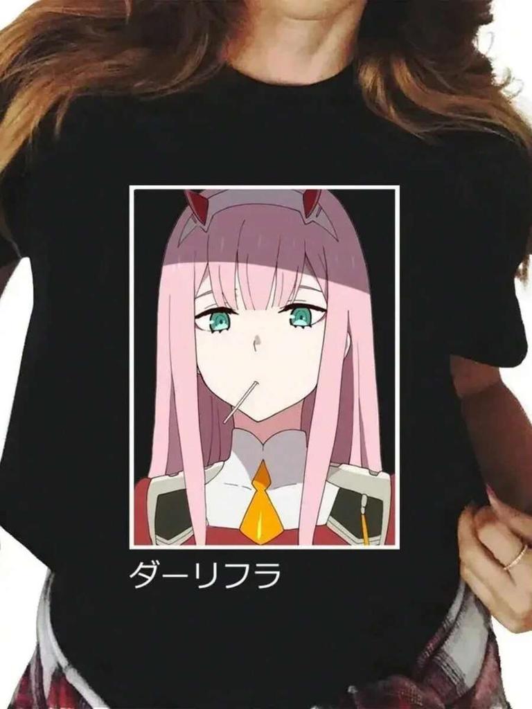 Anime Zero Two Print T-Shirt Wo Mode Lässig Streetwear Kurzarm Übergröße Uni T-Shirt