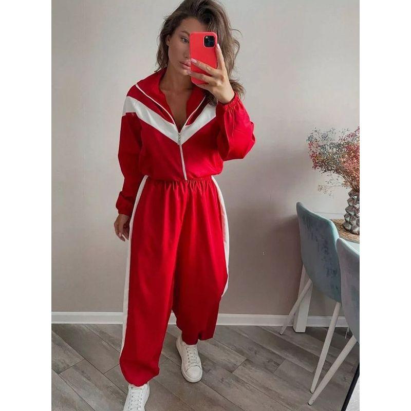 Western Style New Fashion Casual Loose Color Matching Zip-up Outerwear Trousers Set Top and Pants Set