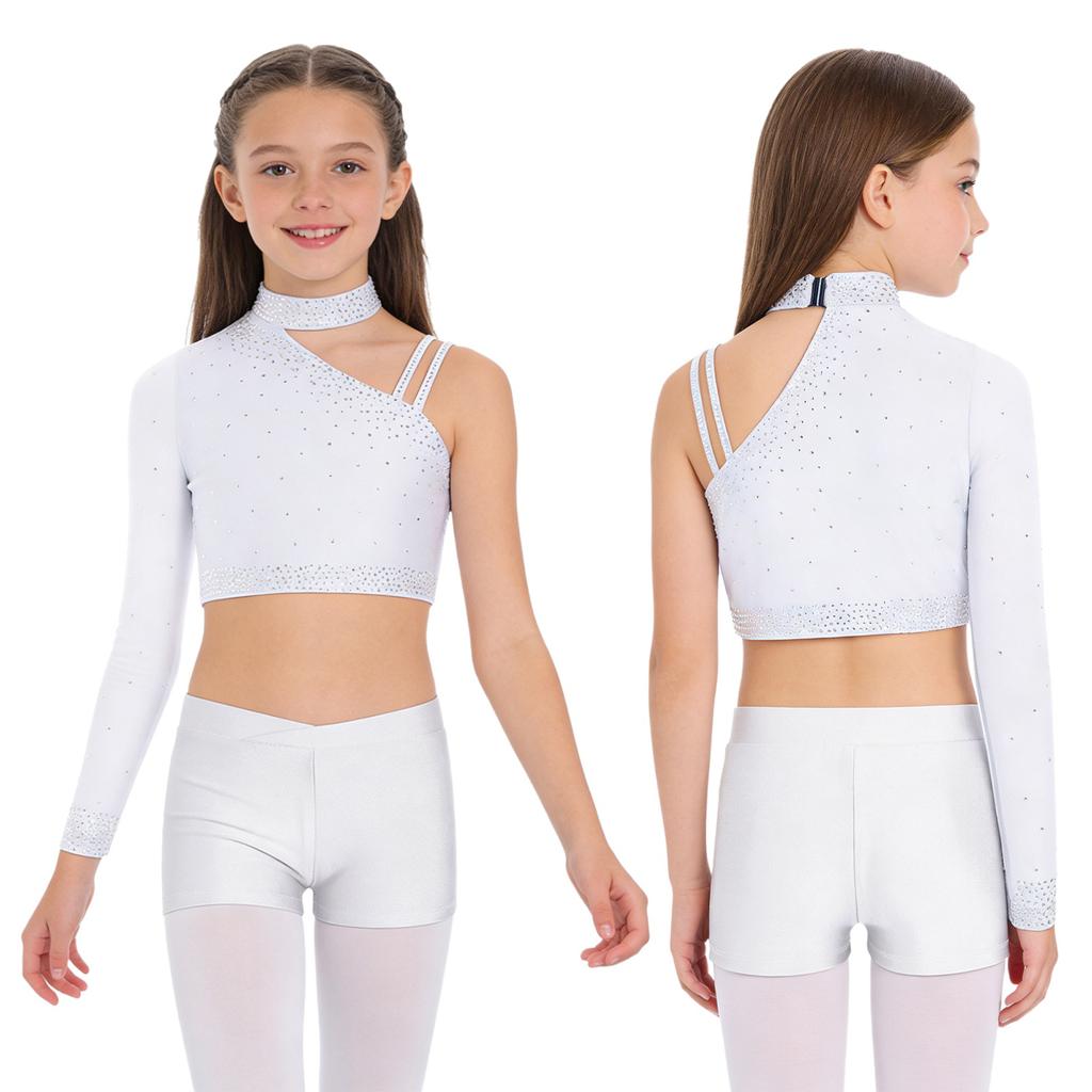 Třpytivý crop top na tanec s kamínky pro dívky: Šortky s nepravidelným ramenem a V-předním pasem pro taneční vystoupení