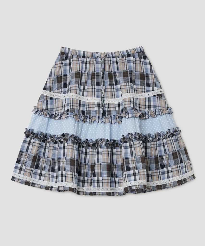 Taibseobiseu Lace Trim Ruffled Check Skirt [Blue]