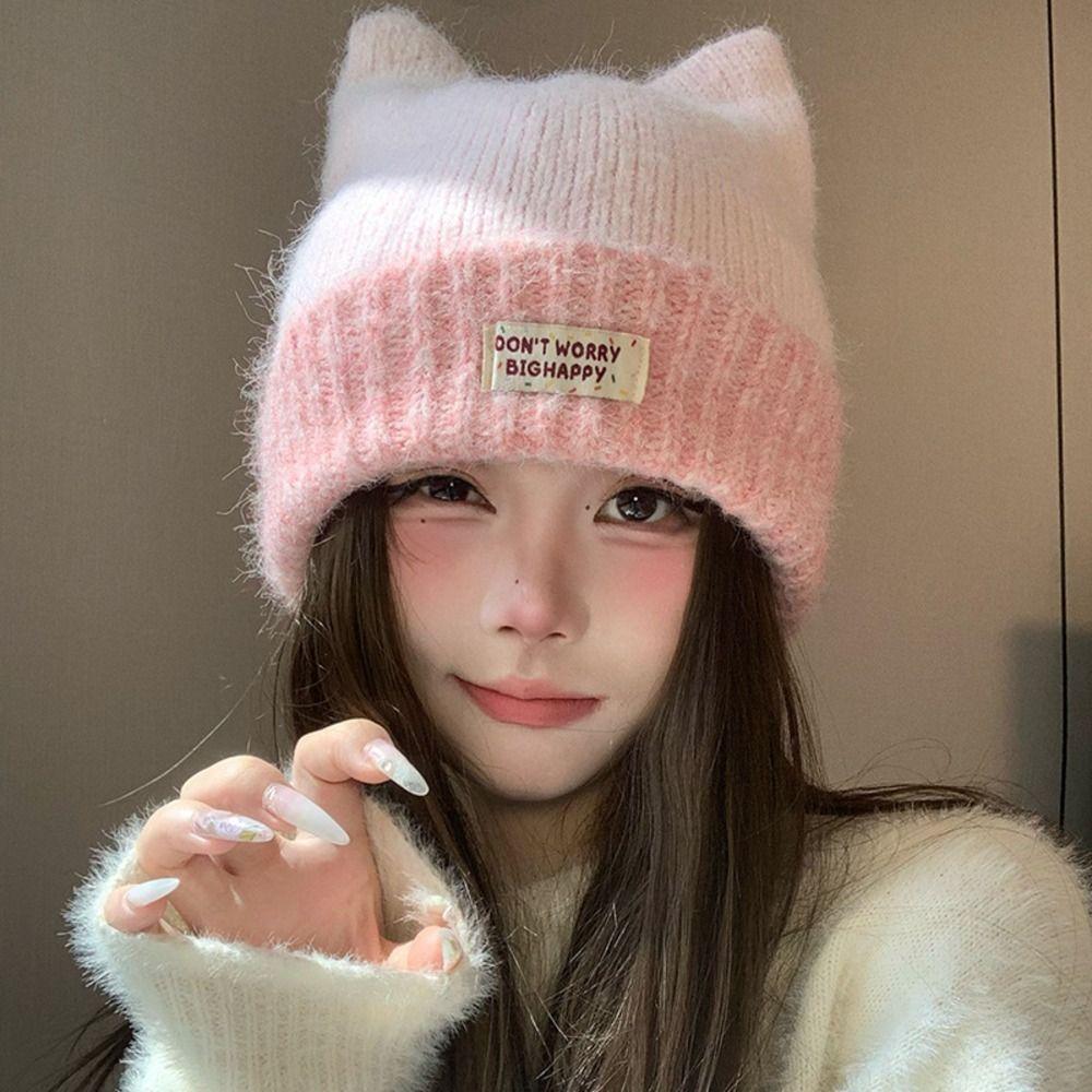 56-58cm Fleece Lined Knitted Hat Polyester Earflap Hat Casual Cat Ear Beanie For Students
