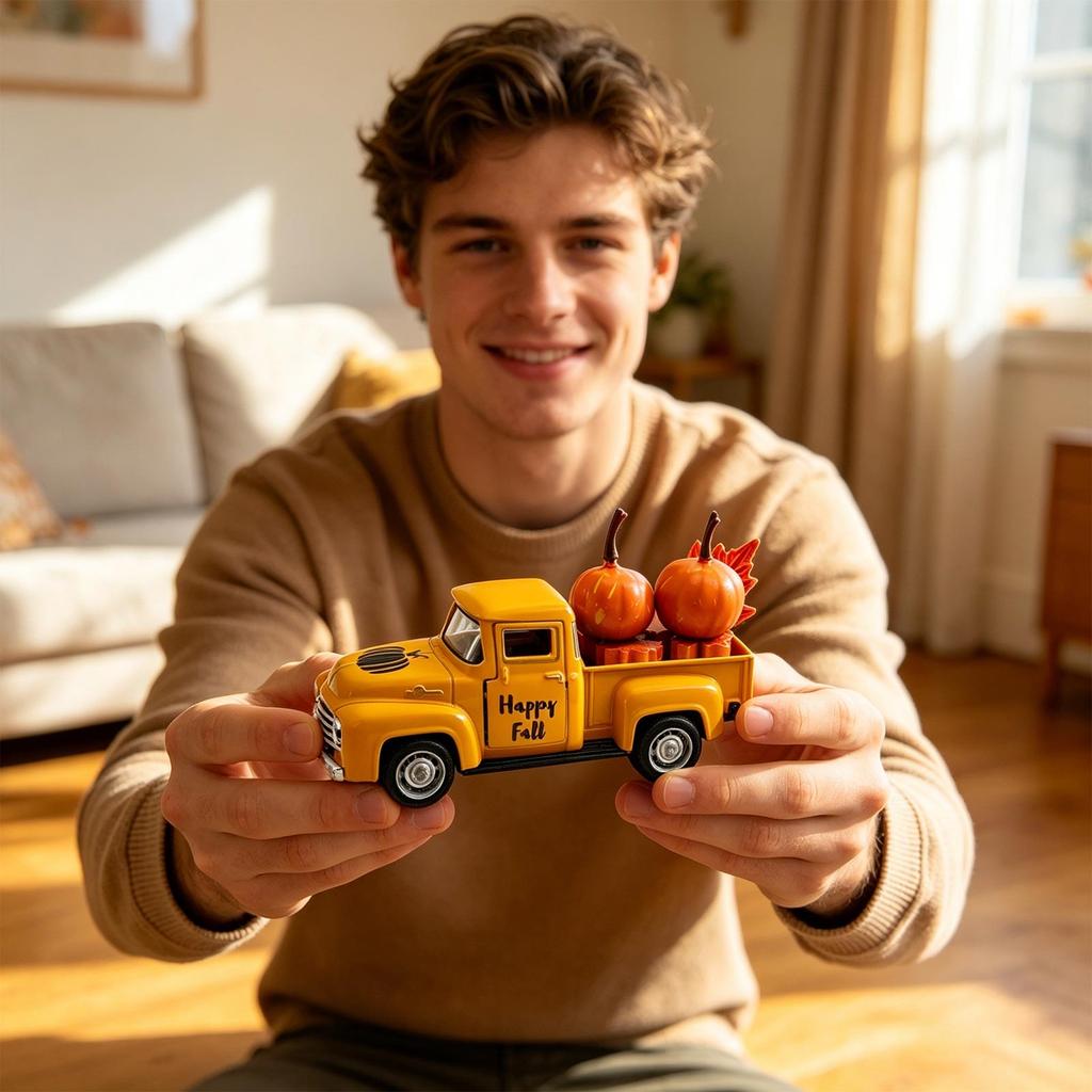Halloween Diecast Truck Model with Pumpkins, Maple Leaves and - Vintage Car Decor for House Party