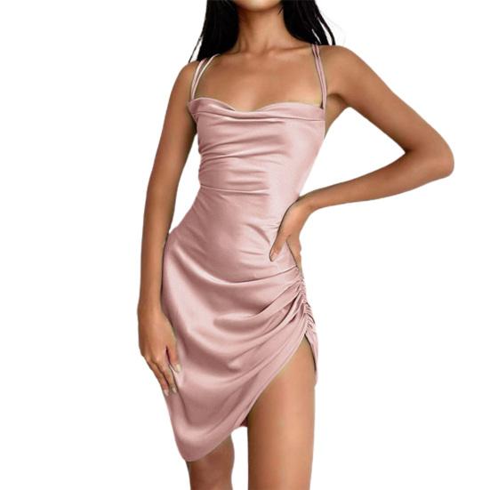 Spaghetti Strap Solid Color Satin Dress Shirring Irregular Hem Backless Sling Mini Dress Streetwear