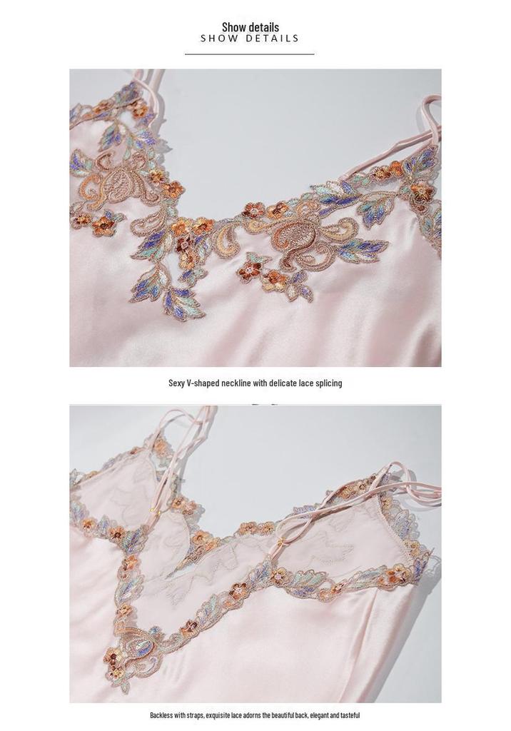 Women's Embroidered Silk Robe & Nightgown Set: Long Camisole, Multi-piece Mulberry Silk Sleepwear