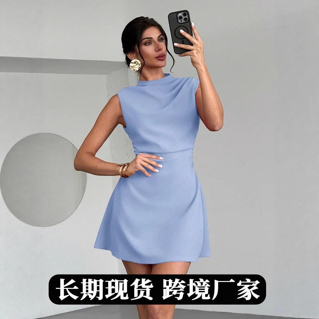Women Light Blue Stand Collar Sleeveless Pleated Waist A Line Mini Dress S